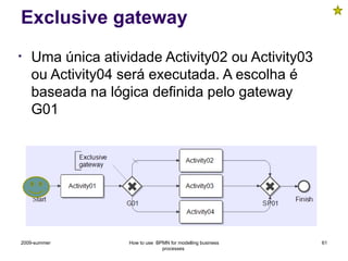 • Uma única atividade Activity02 ou Activity03
ou Activity04 será executada. A escolha é
baseada na lógica definida pelo gateway
G01
Exclusive gateway
61
2009-summer How to use BPMN for modelling business
processes
 