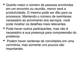  Quanto maior o número de pessoas envolvidas
em um encontro ou reunião, menor será a
produtividade. O mesmo pode ser dito para os
processos. Mantendo o número de swimlanes
necessário ao provimento dos serviços, você
pode mostrar os detalhes mais relevantes.
 Pode haver outros participantes, mas não é
necessário a sua presença para compreensão do
problema.
 Podem haver centenas de convidados em uma
cerimônia, mas somente uns poucos são
importantes.
 
