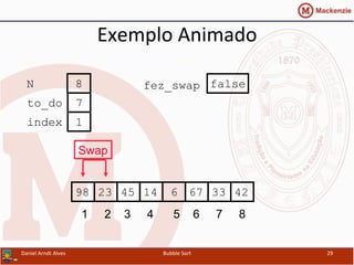 Exemplo	
  Animado	
  
674523 14 6 3398 42
1 2 3 4 5 6 7 8
to_do
index
7
1
N 8
Swap
fez_swap false
Daniel	
  Arndt	
  Alves	
   Bubble	
  Sort	
   29	
  
 