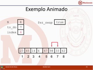 Exemplo	
  Animado	
  
981445 6 67 3323 42
1 2 3 4 5 6 7 8
to_do
index
7
6
N 8 fez_swap true
Daniel	
  Arndt	
  Alves	
   Bubble	
  Sort	
   43	
  
 