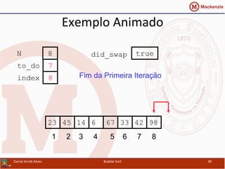 Exemplo	
  Animado	
  
331445 6 67 4223 98
1 2 3 4 5 6 7 8
to_do
index
7
8
N 8
Fim da Primeira Iteração
did_swap true
Daniel	
  Arndt	
  Alves	
   Bubble	
  Sort	
   49	
  
 