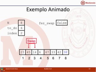 Exemplo	
  Animado	
  
331445 6 67 4223 98
1 2 3 4 5 6 7 8
to_do
index
6
2
N 8 fez_swap false
Swap
Daniel	
  Arndt	
  Alves	
   Bubble	
  Sort	
   53	
  
 