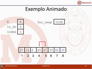 Exemplo	
  Animado	
  
33614 45 67 4223 98
1 2 3 4 5 6 7 8
to_do
index
6
4
N 8 fez_swap true
Daniel	
  Arndt	
  Alves	
   Bubble	
  Sort	
   58	
  
 