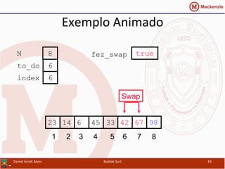 Exemplo	
  Animado	
  
42614 45 33 6723 98
1 2 3 4 5 6 7 8
to_do
index
6
6
N 8 fez_swap true
Swap
Daniel	
  Arndt	
  Alves	
   Bubble	
  Sort	
   65	
  
 