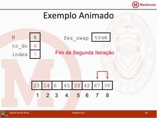 Exemplo	
  Animado	
  
42614 45 33 6723 98
1 2 3 4 5 6 7 8
to_do
index
6
7
N 8 fez_swap true
Fim da Segunda Iteração
Daniel	
  Arndt	
  Alves	
   Bubble	
  Sort	
   66	
  
 