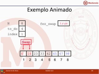 Exemplo	
  Animado	
  
452314 33 42 676 98
1 2 3 4 5 6 7 8
to_do
index
4
1
N 8 fez_swap true
Swap
Daniel	
  Arndt	
  Alves	
   Bubble	
  Sort	
   84	
  
 