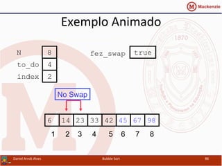 Exemplo	
  Animado	
  
452314 33 42 676 98
1 2 3 4 5 6 7 8
to_do
index
4
2
N 8 fez_swap true
No Swap
Daniel	
  Arndt	
  Alves	
   Bubble	
  Sort	
   86	
  
 