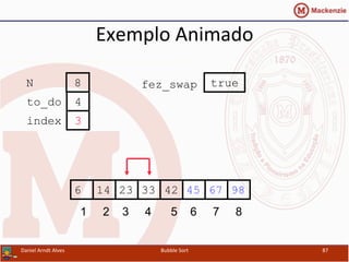 Exemplo	
  Animado	
  
452314 33 42 676 98
1 2 3 4 5 6 7 8
to_do
index
4
3
N 8 fez_swap true
Daniel	
  Arndt	
  Alves	
   Bubble	
  Sort	
   87	
  
 