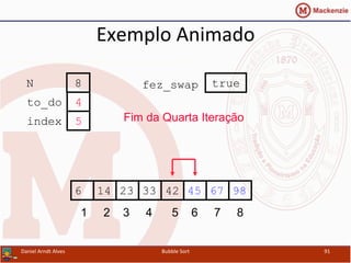 Exemplo	
  Animado	
  
452314 33 42 676 98
1 2 3 4 5 6 7 8
to_do
index
4
5
N 8 fez_swap true
Fim da Quarta Iteração
Daniel	
  Arndt	
  Alves	
   Bubble	
  Sort	
   91	
  
 