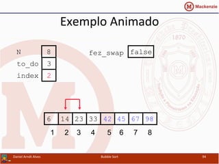 Exemplo	
  Animado	
  
452314 33 42 676 98
1 2 3 4 5 6 7 8
to_do
index
3
2
N 8 fez_swap false
Daniel	
  Arndt	
  Alves	
   Bubble	
  Sort	
   94	
  
 