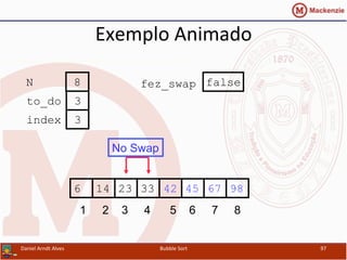 Exemplo	
  Animado	
  
452314 33 42 676 98
1 2 3 4 5 6 7 8
to_do
index
3
3
N 8 fez_swap false
No Swap
Daniel	
  Arndt	
  Alves	
   Bubble	
  Sort	
   97	
  
 