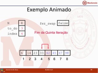 Exemplo	
  Animado	
  
452314 33 42 676 98
1 2 3 4 5 6 7 8
to_do
index
3
4
N 8 fez_swap false
Fim da Quinta Iteração
Daniel	
  Arndt	
  Alves	
   Bubble	
  Sort	
   98	
  
 