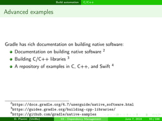 images/logo
Build automation C/C++
Advanced examples
Gradle has rich documentation on building native software:
Documentation on building native software 2
Building C/C++ libraries 3
A repository of examples in C, C++, and Swift 4
2
https://docs.gradle.org/4.7/userguide/native_software.html
3
https://guides.gradle.org/building-cpp-libraries/
4
https://github.com/gradle/native-samples
D. Pianini (UniBo) 03 - Dependency Management June 7, 2018 93 / 166
 