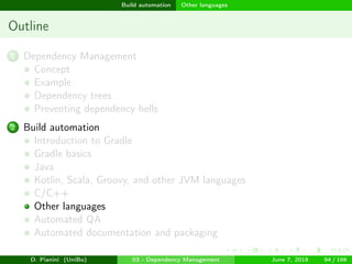 images/logo
Build automation Other languages
Outline
1 Dependency Management
Concept
Example
Dependency trees
Preventing dependency hells
2 Build automation
Introduction to Gradle
Gradle basics
Java
Kotlin, Scala, Groovy, and other JVM languages
C/C++
Other languages
Automated QA
Automated documentation and packaging
D. Pianini (UniBo) 03 - Dependency Management June 7, 2018 94 / 166
 