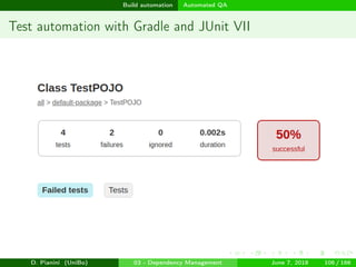 images/logo
Build automation Automated QA
Test automation with Gradle and JUnit VII
D. Pianini (UniBo) 03 - Dependency Management June 7, 2018 106 / 166
 