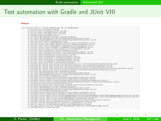 images/logo
Build automation Automated QA
Test automation with Gradle and JUnit VIII
D. Pianini (UniBo) 03 - Dependency Management June 7, 2018 107 / 166
 