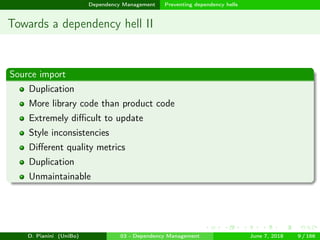 images/logo
Dependency Management Preventing dependency hells
Towards a dependency hell II
Source import
Duplication
More library code than product code
Extremely diﬃcult to update
Style inconsistencies
Diﬀerent quality metrics
Duplication
Unmaintainable
D. Pianini (UniBo) 03 - Dependency Management June 7, 2018 9 / 166
 
