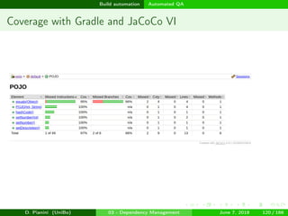 images/logo
Build automation Automated QA
Coverage with Gradle and JaCoCo VI
D. Pianini (UniBo) 03 - Dependency Management June 7, 2018 120 / 166
 