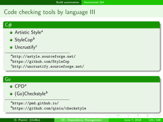 images/logo
Build automation Automated QA
Code checking tools by language III
C#
Artistic Stylea
StyleCopb
Uncrustifyc
a
http://astyle.sourceforge.net/
b
https://github.com/StyleCop
c
http://uncrustify.sourceforge.net/
Go
CPDa
(Go)Checkstyleb
a
https://pmd.github.io/
b
https://github.com/qiniu/checkstyle
D. Pianini (UniBo) 03 - Dependency Management June 7, 2018 125 / 166
 