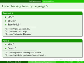 images/logo
Build automation Automated QA
Code checking tools by language V
Javascript
CPDa
ESLintb
StandardJSc
a
https://pmd.github.io/
b
https://eslint.org/
c
https://standardjs.com/
Kotlin
Klinta
Detektb
a
https://github.com/shyiko/ktlint
b
https://github.com/arturbosch/detekt
D. Pianini (UniBo) 03 - Dependency Management June 7, 2018 127 / 166
 