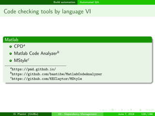 images/logo
Build automation Automated QA
Code checking tools by language VI
Matlab
CPDa
Matlab Code Analyzerb
MStylec
a
https://pmd.github.io/
b
https://github.com/bastibe/MatlabCodeAnalyzer
c
https://github.com/KEClaytor/MStyle
D. Pianini (UniBo) 03 - Dependency Management June 7, 2018 128 / 166
 