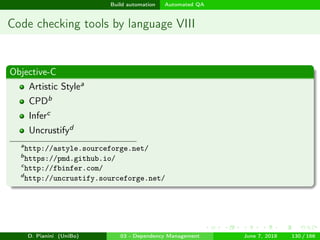 images/logo
Build automation Automated QA
Code checking tools by language VIII
Objective-C
Artistic Stylea
CPDb
Inferc
Uncrustifyd
a
http://astyle.sourceforge.net/
b
https://pmd.github.io/
c
http://fbinfer.com/
d
http://uncrustify.sourceforge.net/
D. Pianini (UniBo) 03 - Dependency Management June 7, 2018 130 / 166
 