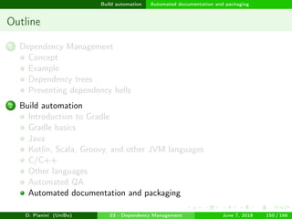 images/logo
Build automation Automated documentation and packaging
Outline
1 Dependency Management
Concept
Example
Dependency trees
Preventing dependency hells
2 Build automation
Introduction to Gradle
Gradle basics
Java
Kotlin, Scala, Groovy, and other JVM languages
C/C++
Other languages
Automated QA
Automated documentation and packaging
D. Pianini (UniBo) 03 - Dependency Management June 7, 2018 150 / 166
 