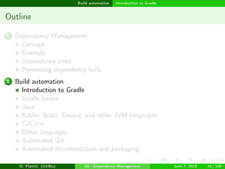 images/logo
Build automation Introduction to Gradle
Outline
1 Dependency Management
Concept
Example
Dependency trees
Preventing dependency hells
2 Build automation
Introduction to Gradle
Gradle basics
Java
Kotlin, Scala, Groovy, and other JVM languages
C/C++
Other languages
Automated QA
Automated documentation and packaging
D. Pianini (UniBo) 03 - Dependency Management June 7, 2018 16 / 166
 