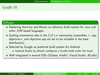 images/logo
Build automation Introduction to Gradle
Gradle III
Diﬀusion
Replacing Ant+Ivy and Maven as reference build system for Java and
other JVM based languages
Gaining momentum also in the C/C++ community (assembler, c, cpp,
objective-c, and objective-cpp are set to be included in the base
distribution)
Selected by Google as preferred build system for Android
Android Studio by default conﬁgures a Gradle build under the hood
Well integrated in several IDEs (Eclipse, IntelliJ, Visual Studio, XCode)
D. Pianini (UniBo) 03 - Dependency Management June 7, 2018 18 / 166
 