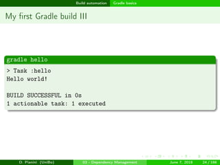 images/logo
Build automation Gradle basics
My ﬁrst Gradle build III
gradle hello
> Task :hello
Hello world!
BUILD SUCCESSFUL in 0s
1 actionable task: 1 executed
D. Pianini (UniBo) 03 - Dependency Management June 7, 2018 24 / 166
 