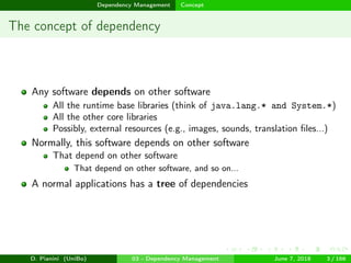 images/logo
Dependency Management Concept
The concept of dependency
Any software depends on other software
All the runtime base libraries (think of java.lang.* and System.*)
All the other core libraries
Possibly, external resources (e.g., images, sounds, translation ﬁles...)
Normally, this software depends on other software
That depend on other software
That depend on other software, and so on...
A normal applications has a tree of dependencies
D. Pianini (UniBo) 03 - Dependency Management June 7, 2018 3 / 166
 