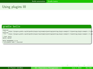 images/logo
Build automation Gradle basics
Using plugins III
gradle hello
Download
https://plugins.gradle.org/m2/gradle/plugin/org/example/greeting/greeting-plugin-example/1.0/greeting-plugin-example-1.0.pom→
Download
https://plugins.gradle.org/m2/gradle/plugin/org/example/greeting/greeting-plugin-example/1.0/greeting-plugin-example-1.0.jar→
> Task :hello
Hello, World!
BUILD SUCCESSFUL in 0s
1 actionable task: 1 executed
D. Pianini (UniBo) 03 - Dependency Management June 7, 2018 40 / 166
 