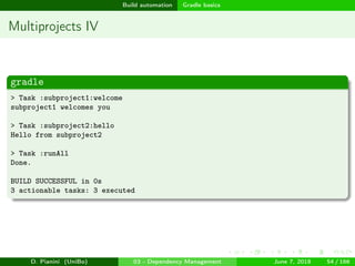 images/logo
Build automation Gradle basics
Multiprojects IV
gradle
> Task :subproject1:welcome
subproject1 welcomes you
> Task :subproject2:hello
Hello from subproject2
> Task :runAll
Done.
BUILD SUCCESSFUL in 0s
3 actionable tasks: 3 executed
D. Pianini (UniBo) 03 - Dependency Management June 7, 2018 54 / 166
 