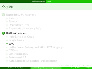images/logo
Build automation Java
Outline
1 Dependency Management
Concept
Example
Dependency trees
Preventing dependency hells
2 Build automation
Introduction to Gradle
Gradle basics
Java
Kotlin, Scala, Groovy, and other JVM languages
C/C++
Other languages
Automated QA
Automated documentation and packaging
D. Pianini (UniBo) 03 - Dependency Management June 7, 2018 56 / 166
 