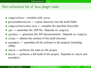 images/logo
Build automation Java
Non-exhaustive list of Java plugin tasks
compileJava – compiles with javac
processResources — copies resources into the build folder
compileSourceSet Java — compiles the speciﬁed SourceSet
jar — assembles the JAR ﬁle. Depends on compile.
javadoc — generates the API documentation. Depends on compile.
clean — deletes the content of the build directory
assemble — assembles all the archives in the projects (including
JARs)
check — performs the tests on the project
build — performs a full build of the project. Depends on check and
assemble.
D. Pianini (UniBo) 03 - Dependency Management June 7, 2018 58 / 166
 