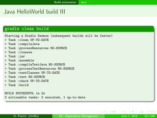 images/logo
Build automation Java
Java HelloWorld build III
gradle clean build
Starting a Gradle Daemon (subsequent builds will be faster)
> Task :clean UP-TO-DATE
> Task :compileJava
> Task :processResources NO-SOURCE
> Task :classes
> Task :jar
> Task :assemble
> Task :compileTestJava NO-SOURCE
> Task :processTestResources NO-SOURCE
> Task :testClasses UP-TO-DATE
> Task :test NO-SOURCE
> Task :check UP-TO-DATE
> Task :build
BUILD SUCCESSFUL in 2s
3 actionable tasks: 2 executed, 1 up-to-date
D. Pianini (UniBo) 03 - Dependency Management June 7, 2018 62 / 166
 