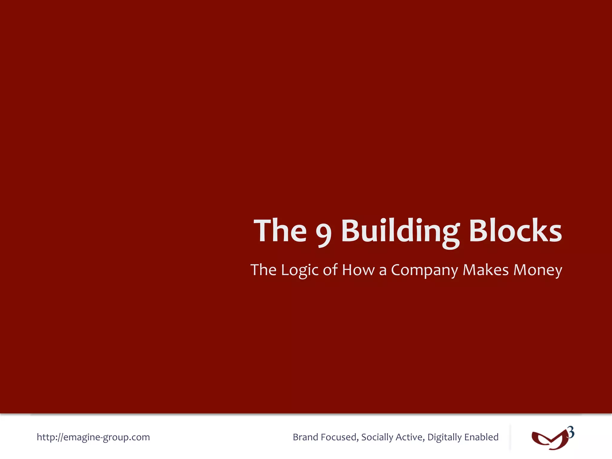 The	
  9	
  Building	
  Blocks	
  
                                 The	
  Logic	
  of	
  How	
  a	
  Company	
  Makes	
  Money	
  




http://emagine-­‐group.com	
             Brand	
  Focused,	
  Socially	
  Active,	
  Digitally	
  Enabled	
  
 