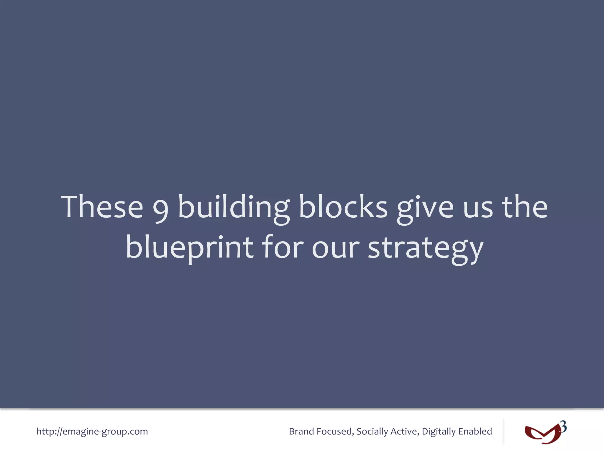 These	
  9	
  building	
  blocks	
  give	
  us	
  the	
  
          blueprint	
  for	
  our	
  strategy	
  




http://emagine-­‐group.com	
     Brand	
  Focused,	
  Socially	
  Active,	
  Digitally	
  Enabled	
  
 