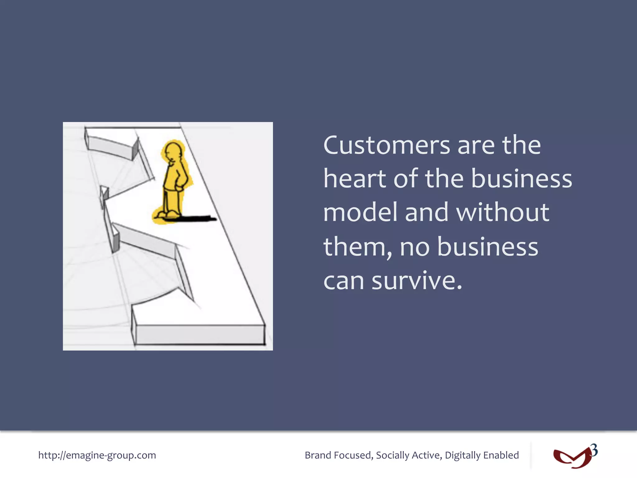 Customers	
  are	
  the	
  
                                      heart	
  of	
  the	
  business	
  
                                      model	
  and	
  without	
  
                                      them,	
  no	
  business	
  
                                      can	
  survive.	
  




http://emagine-­‐group.com	
     Brand	
  Focused,	
  Socially	
  Active,	
  Digitally	
  Enabled	
  
 