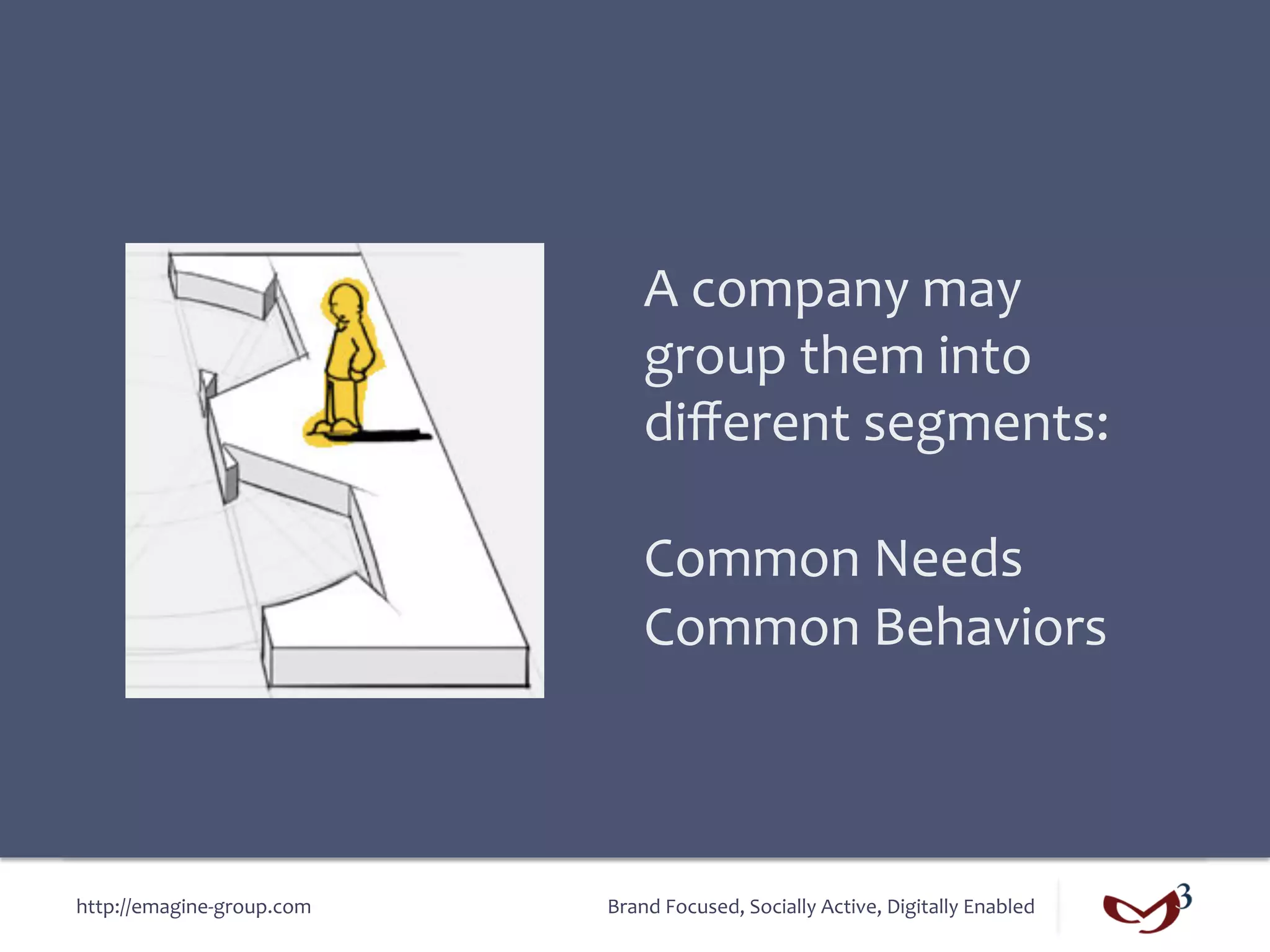 A	
  company	
  may	
  
                                      group	
  them	
  into	
  
                                      diﬀerent	
  segments:	
  
                                      	
  
                                      Common	
  Needs	
  
                                      Common	
  Behaviors	
  



http://emagine-­‐group.com	
     Brand	
  Focused,	
  Socially	
  Active,	
  Digitally	
  Enabled	
  
 
