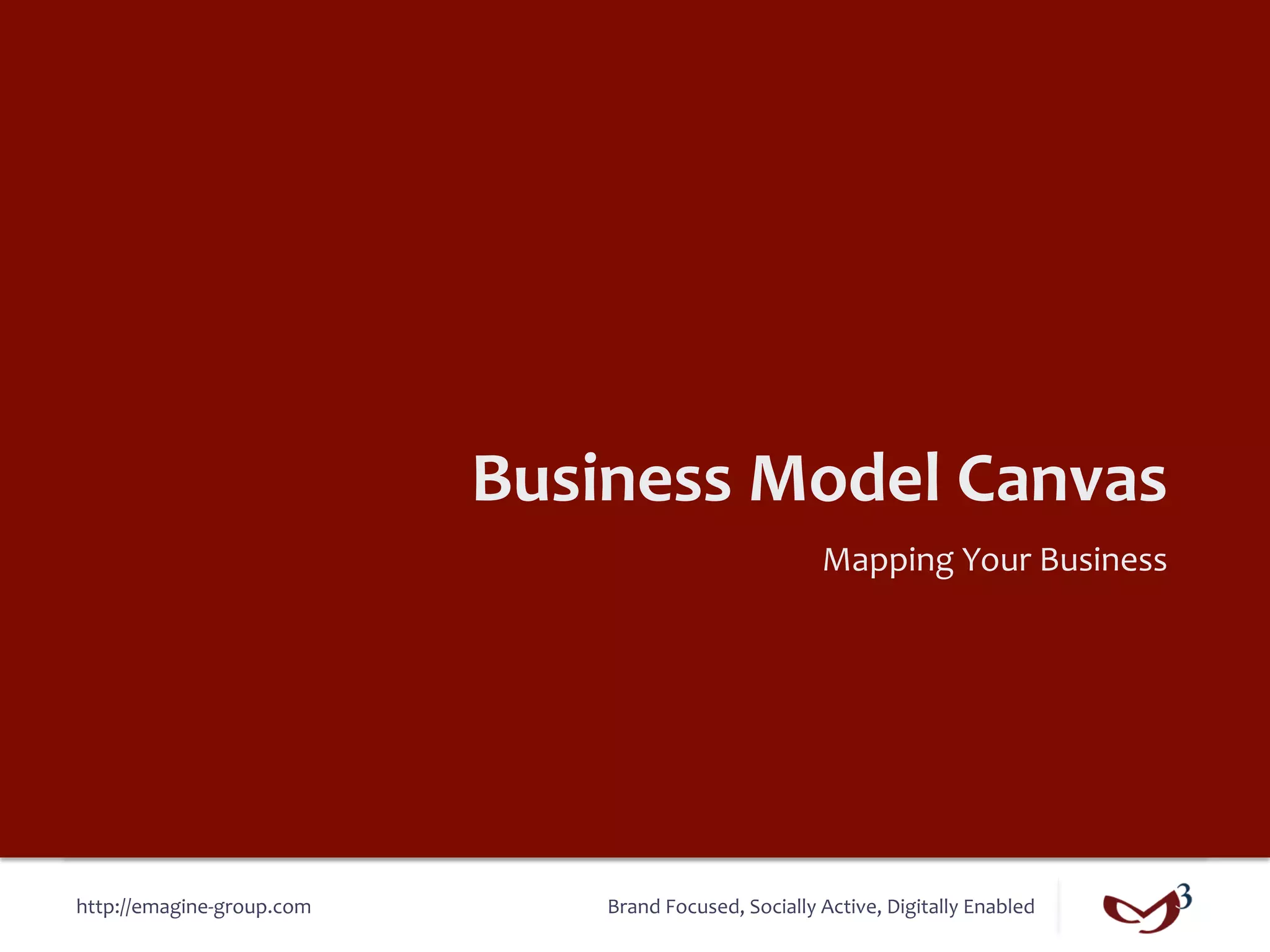 Business	
  Model	
  Canvas	
  
                                                                       Mapping	
  Your	
  Business	
  




http://emagine-­‐group.com	
          Brand	
  Focused,	
  Socially	
  Active,	
  Digitally	
  Enabled	
  
 