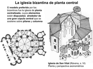 El  modelo preferido  por los bizantinos fue la iglesia de  planta   centralizada , cuyos  elementos  están  dispuestos   alrededor de una gran cúpula central  que se sostiene sobre  pilares  y  columnas . La iglesia bizantina de planta central Iglesia de San Vital  (Rávena, s. VI) Planta y perspectiva axonométrica 