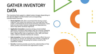 GATHER INVENTORY
DATA
The inventory that supports a digital estate changes depending on
the desired digital transformation...
