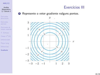 AM2/C2
An´alise
Matem´atica
2/ C´alculo 2
Derivadas
direcionais
Derivadas
parciais
Derivadas de
ordem superior
T. Schwarz
Classe Ck
(A)
Diferenciabil.
Plano tang.
Diferencial
Gradiente
Exerc´ıcios III
5 Represente o vetor gradiente nalguns pontos.
48/49
 