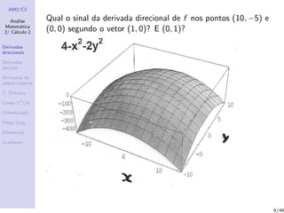 AM2/C2
An´alise
Matem´atica
2/ C´alculo 2
Derivadas
direcionais
Derivadas
parciais
Derivadas de
ordem superior
T. Schwarz
Classe Ck
(A)
Diferenciabil.
Plano tang.
Diferencial
Gradiente
Qual o sinal da derivada direcional de f nos pontos (10, −5) e
(0, 0) segundo o vetor (1, 0)? E (0, 1)?
9/49
 