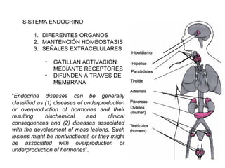 [object Object],[object Object],[object Object],[object Object],[object Object],[object Object],“ Endocrine diseases can be generally classified as (1) diseases of underproduction or overproduction of hormones and their resulting biochemical and clinical consequences and (2) diseases associated with the development of mass lesions. Such lesions might be nonfunctional, or they might be associated with overproduction or underproduction of hormones ”. 