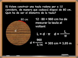 5) Volem construir una taula rodona per a 12
convidats, de manera que cadascú disposi de 80 cm.
Quin ha de ser el diàmetre de la taula?

           80 cm              12 · 80 = 960 cm ha de
                              mesurar la taula al
           1)   Volem construir una taula rodona per a
                              voltant
                12 convidats, de manera que cadascú
      d         disposi de 80 cm. Quin ha de ser el
                                                           L
                diàmetre de la taula?
                               L=d·π                  d=
                                                           π
                               960
                       d=
                               3,14 = 305 cm = 3,05 m
 