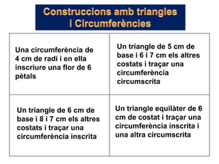 Una circumferència de        Un triangle de 5 cm de
4 cm de radi i en ella       base i 6 i 7 cm els altres
inscriure una flor de 6      costats i traçar una
pètals                       circumferència
                             circumscrita


Un triangle de 6 cm de       Un triangle equilàter de 6
base i 8 i 7 cm els altres   cm de costat i traçar una
costats i traçar una         circumferència inscrita i
circumferència inscrita      una altra circumscrita
 