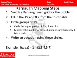 Subject Name Code Credit Hours
Digital Electronics and Logic Design DEL-244 3
Karnaugh Mapping Steps
1. Sketch a Karnaugh map grid for the problem.
2. Fill in the 1’s and 0’s from the truth table.
3. Circle groups of 1’s.
 Circle the largest groups of 2, 4, 8, etc. first.
 Minimize the number of circles but make sure that every 1
is in a circle.
4. Write an equation using these circles.
Example: f(x,y,z) = m(2,3,4,5,7)
 