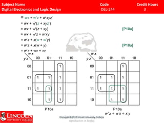 Subject Name Code Credit Hours
Digital Electronics and Logic Design DEL-244 3
Copyright © 2005 The McGraw-Hill
Companies, Inc. Permission required for
reproduction or display.
= wx + w z + w xyz
= wx + w (z + xyz )
= wx + w (z + xy) [P10a]
= wx + w z + w xy
= w z + x(w + w y)
= w z + x(w + y) [P10a]
= w z + wx + xy
 